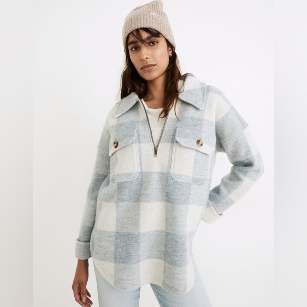Madewell Cream and Light Blue Plaid Half-Zip Shacket Sweater